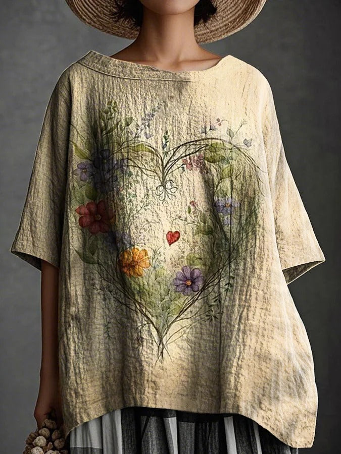 Women's Floral Heart Art V-Neck Casual T-Shirt