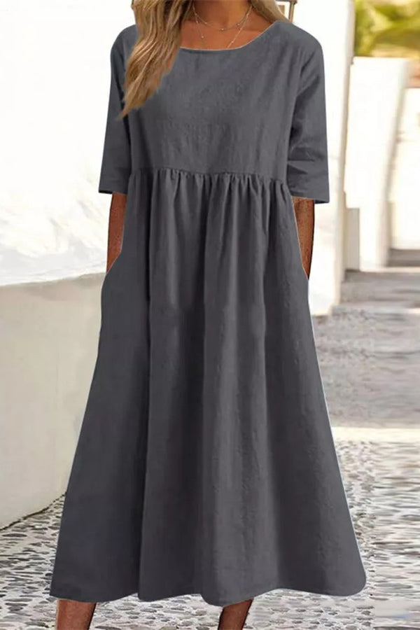 Casual Half Sleeve Pocket Design Linen Dress
