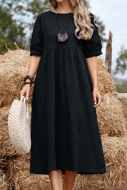 Casual Short Sleeve Round Neck Linen Midi Dress