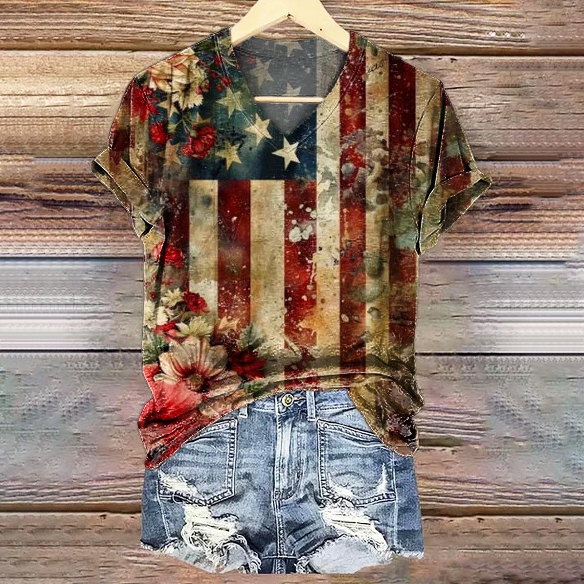 Women's Vintage Flag Floral Art Print V-neck Casual T-Shirt