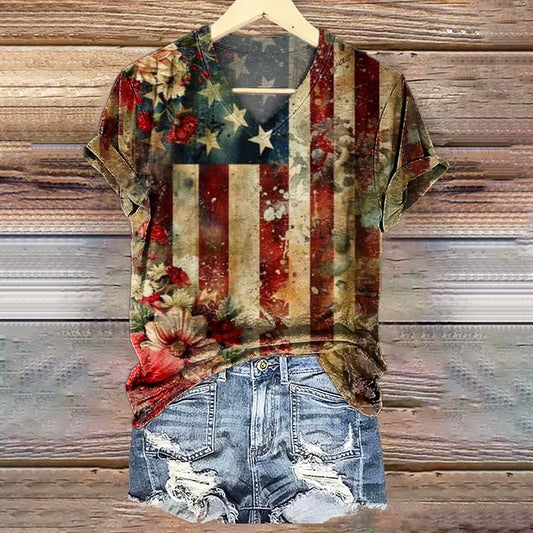 Women's Vintage Flag Floral Art Print V-neck Casual T-Shirt