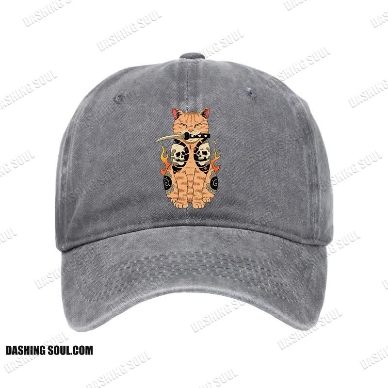 Unisex 100% Cotton Catana Cat Skull Tattooed Samurai Vintage Print Cap