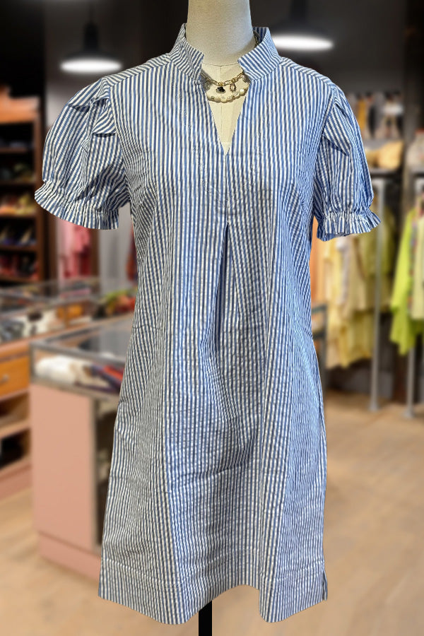 Stripe Split Neck Puff Sleeve Mini Dress