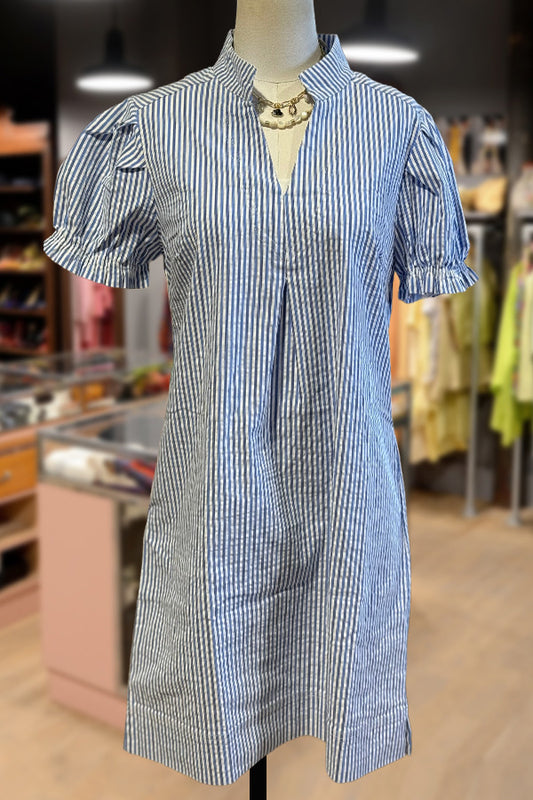 Stripe Split Neck Puff Sleeve Mini Dress