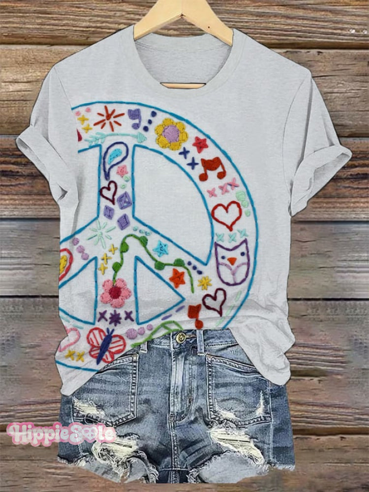 Women's Vintage Peace Art Print Round Neck T-Shirt