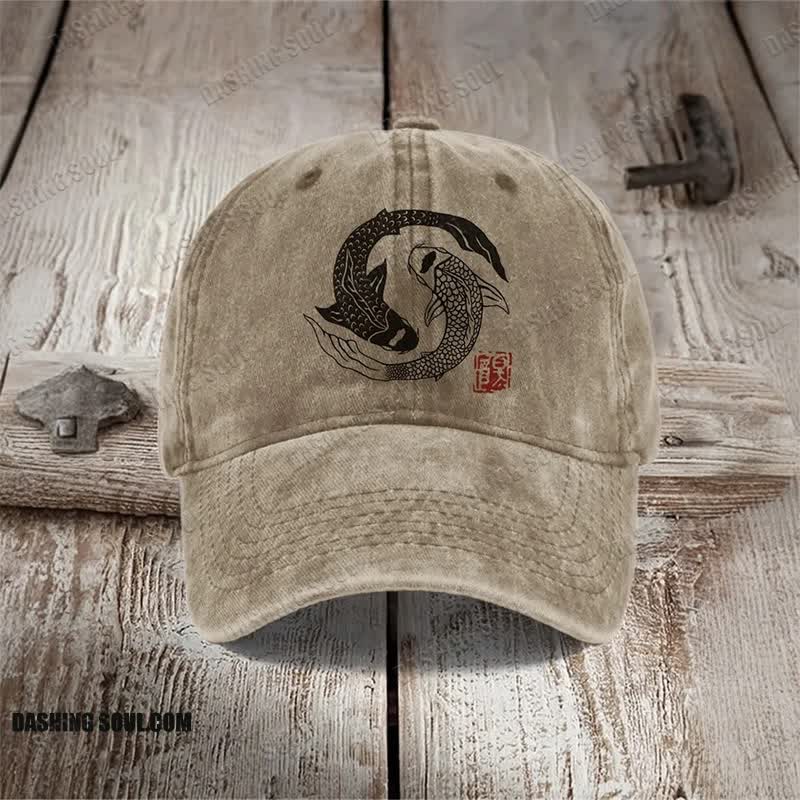 Carp Fish Contrast Japanese Lino Art Print Washed Cap