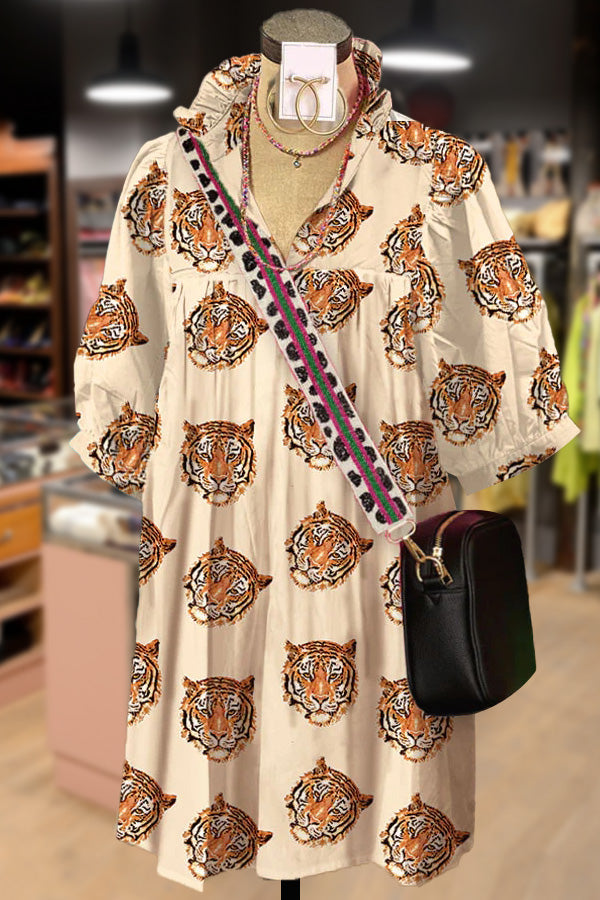 Tiger Print Ruffle V-Neck Bubble Sleeve Midi Dress