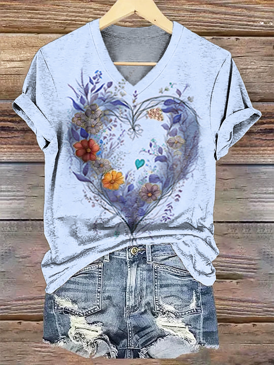 Women's Floral Heart Art V-Neck Casual T-Shirt