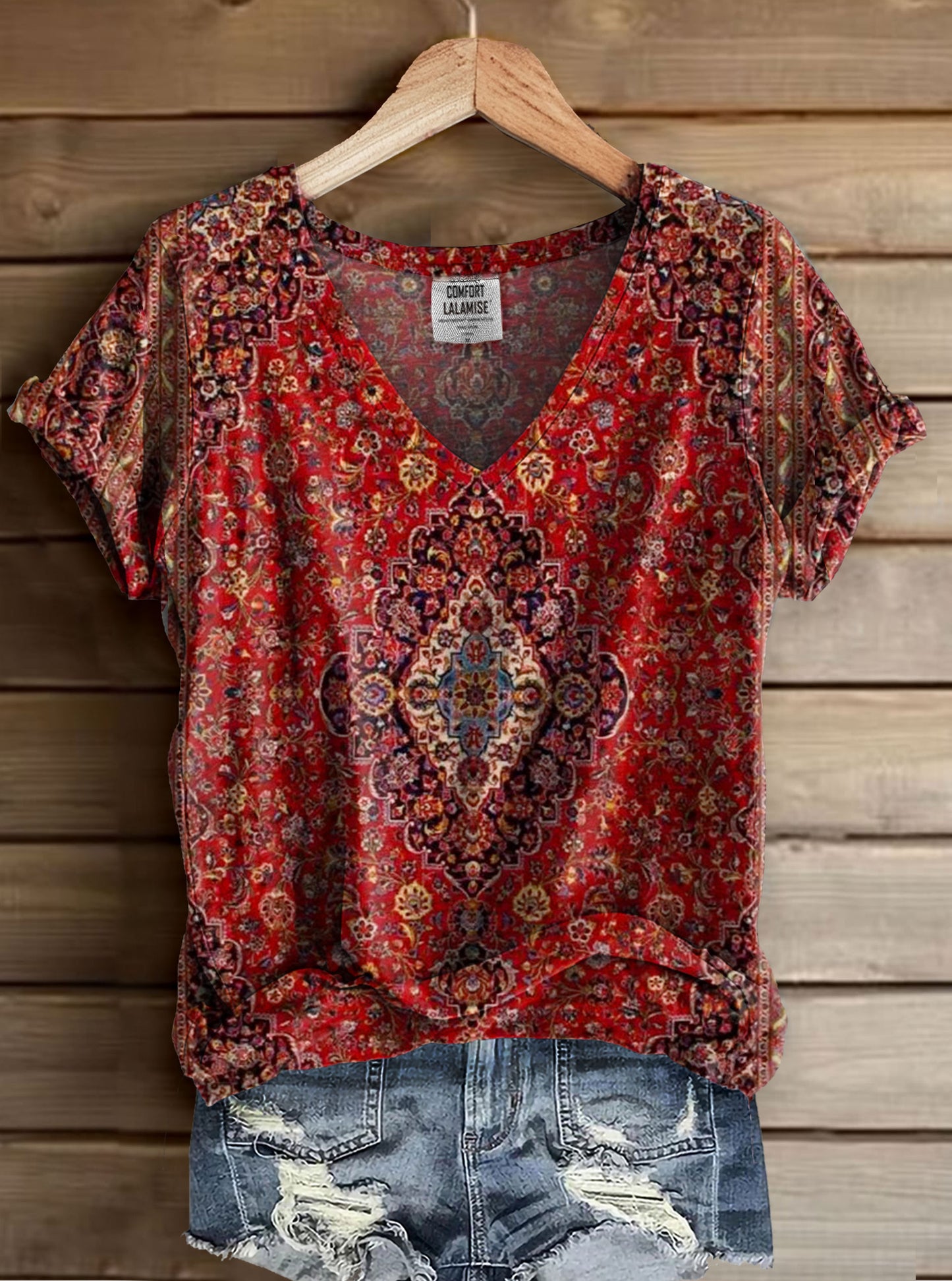 Vintage Ethic Print V-neck Casual T-Shirt