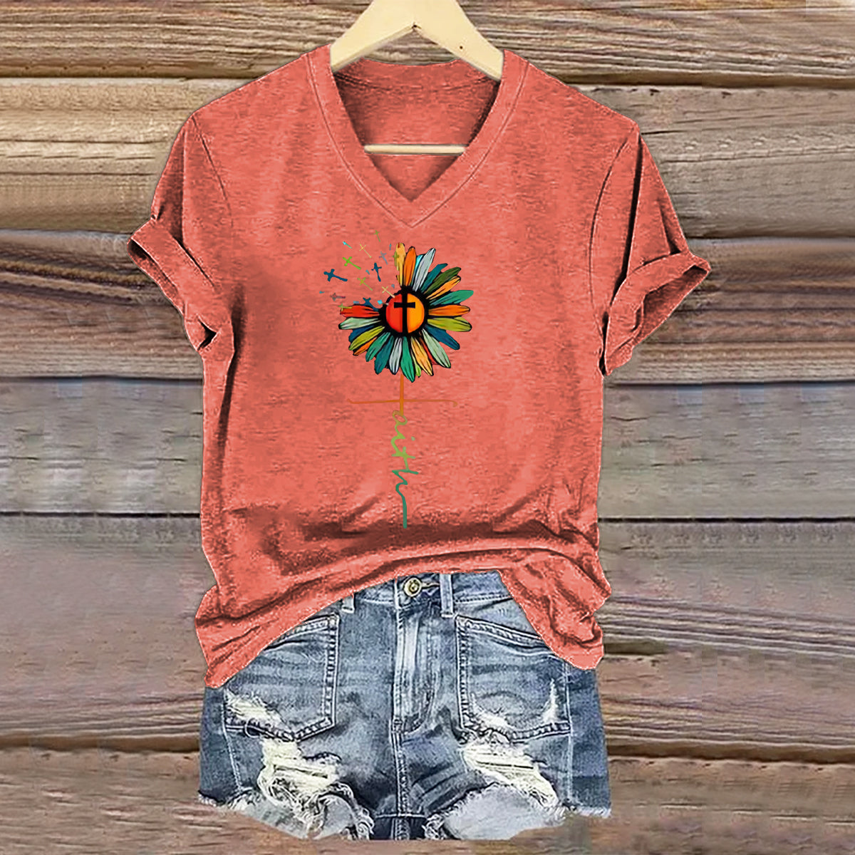 Women's Hippie Floral Art Print V-neck Casual T-Shirt