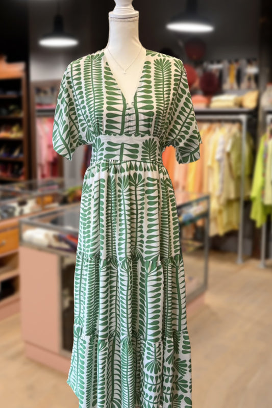 Boho Print V-Neck Short Sleeve Midi Dress