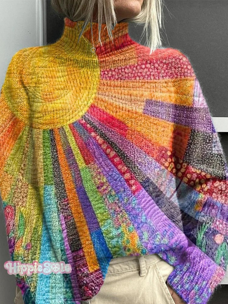 Women's Vintage Lovely Floral Art Print Knit Turtleneck Pullover Sweater