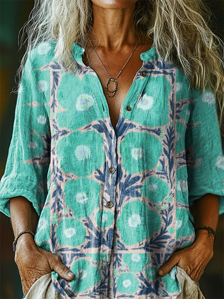 Women's Floral Pattern Art Print Casual Cotton Linen Shirt