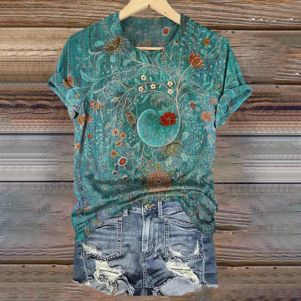 Women's Vintage Floral Art Print V-neck Casual T-Shirt-1
