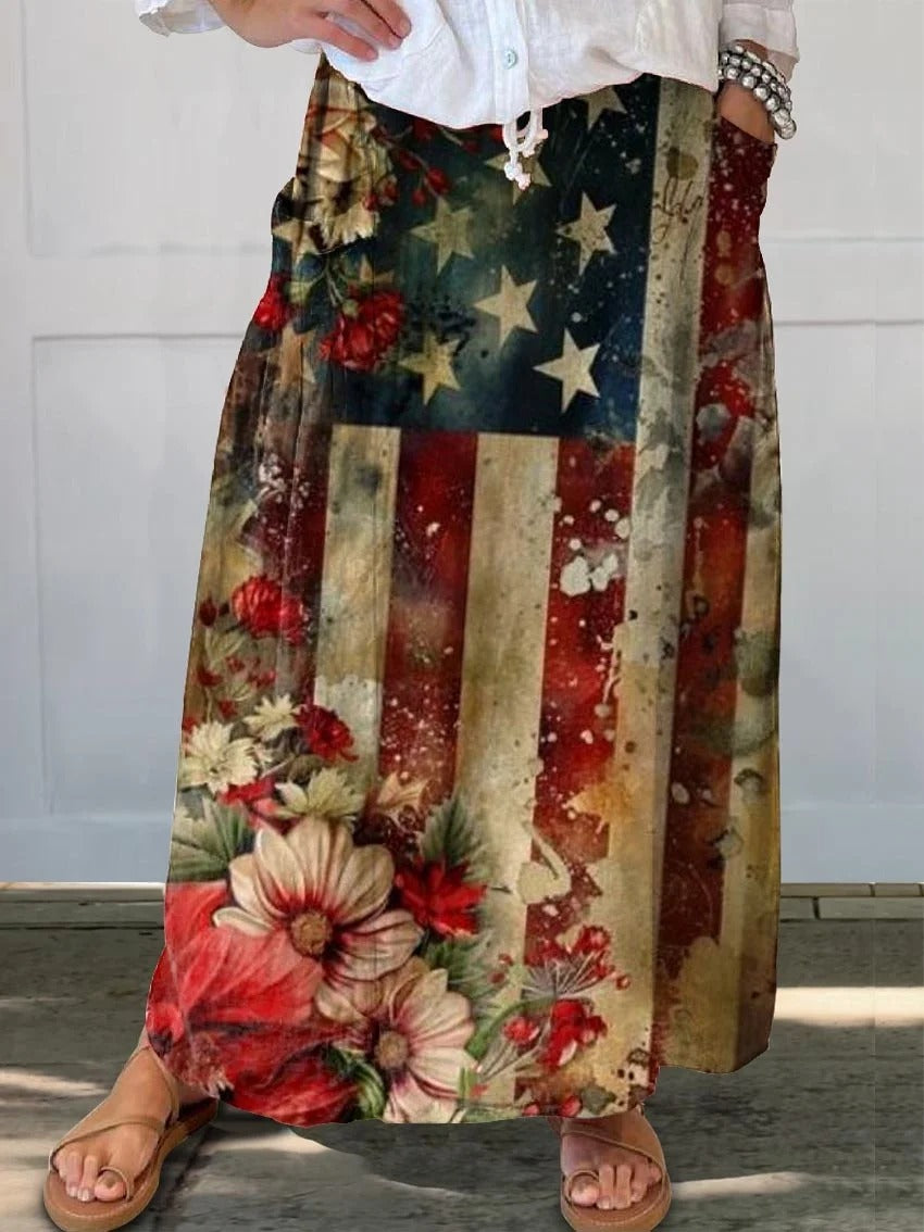 Women's Vintage Flag Floral Art Print V-neck Casual T-Shirt