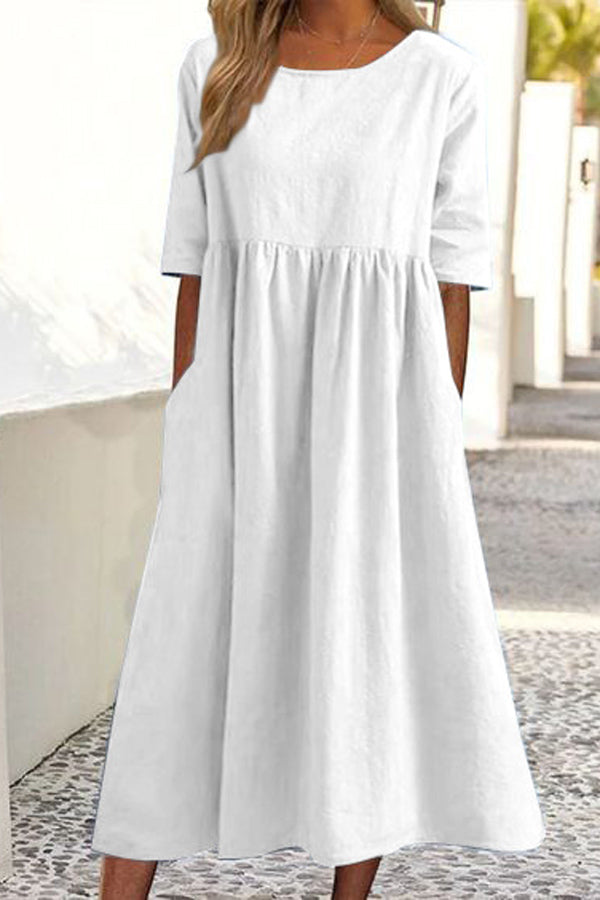 Casual Half Sleeve Pocket Design Linen Dress