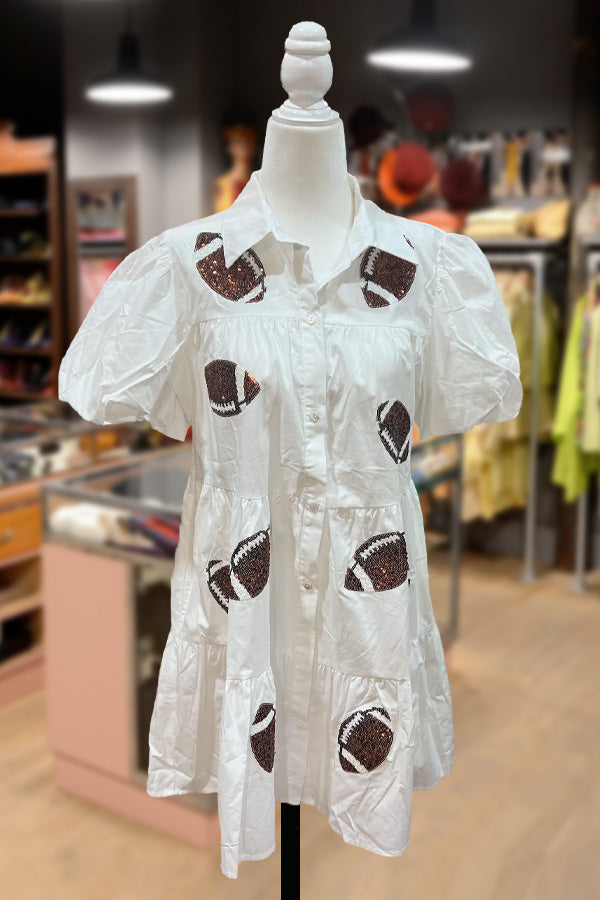 Football Print Puff Sleeve Tiered Mini Dress