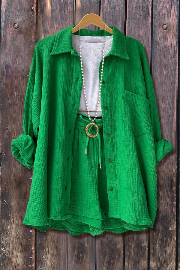 Casual Textured Long Sleeve Blouse & Shorts Set