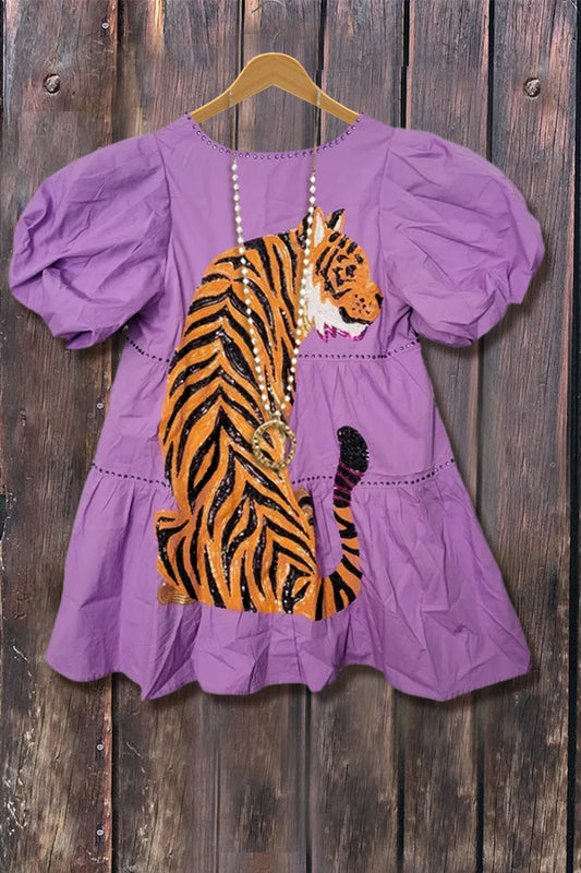 Tiger Print Puff Sleeve Mini Dress
