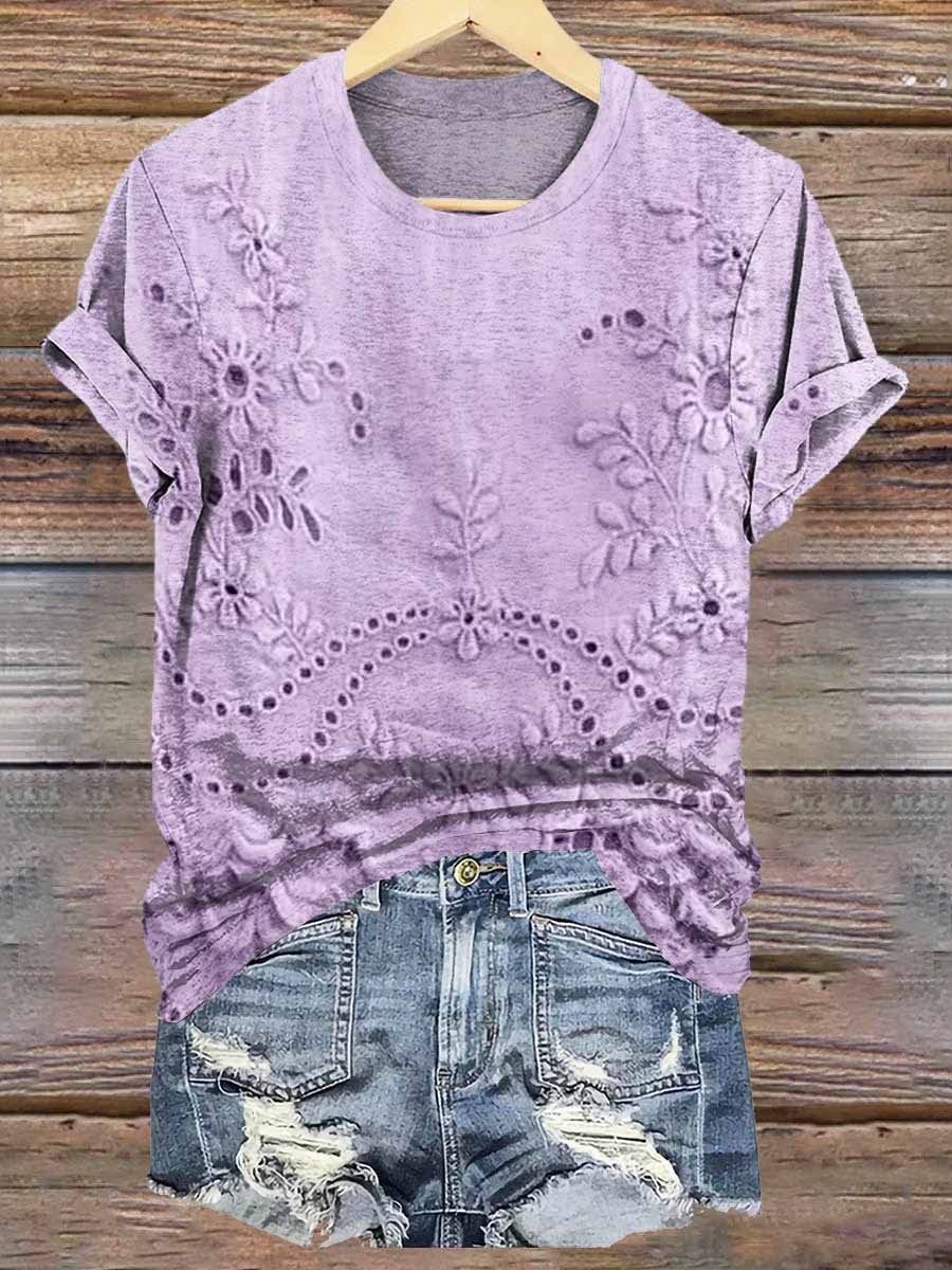 Women's Vintage Floral Texture Patterns Print Crew Neck Casual T-Shirt