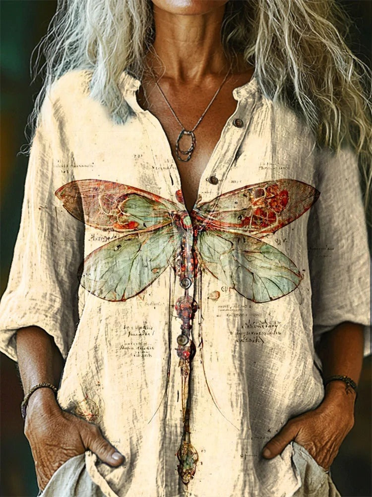 Women's Dragonfly Pattern Art Print Casual Short Sleeve Comfortable Cotton Shirt