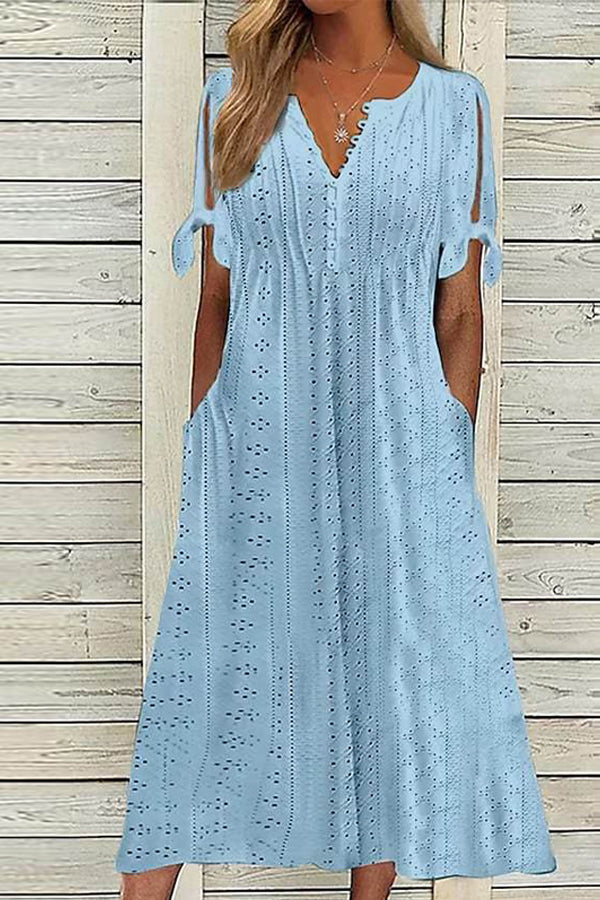 Solid V-Neck Short Sleeve Hollow Out Dress