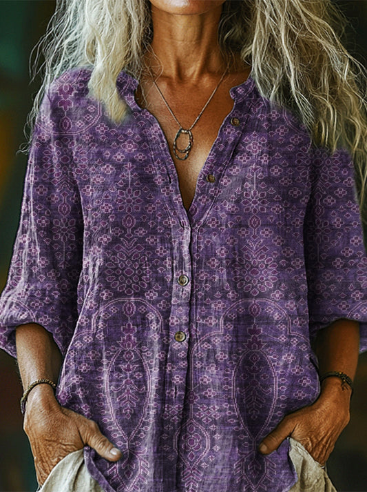 Women's Art Painting Purple Vintage Floral Print Long Sleeve Shirt