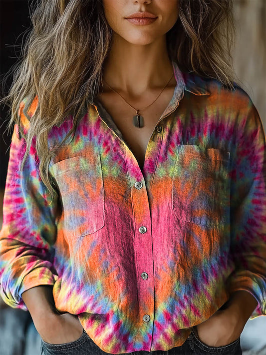 Women's Valentine's Day Colorful Heart Tie Dye Print Casual Long Sleeve Comfortable Cotton Shirt