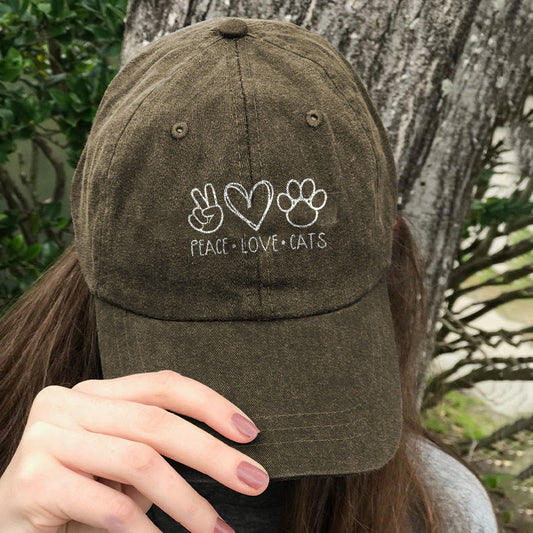 Dashingsoul Peace Love Cats Print Washed Baseball Cap