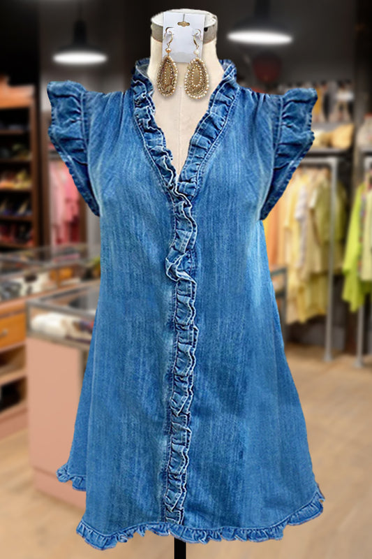 Elegant V-Neck Ruffle Detailed Denim Dress