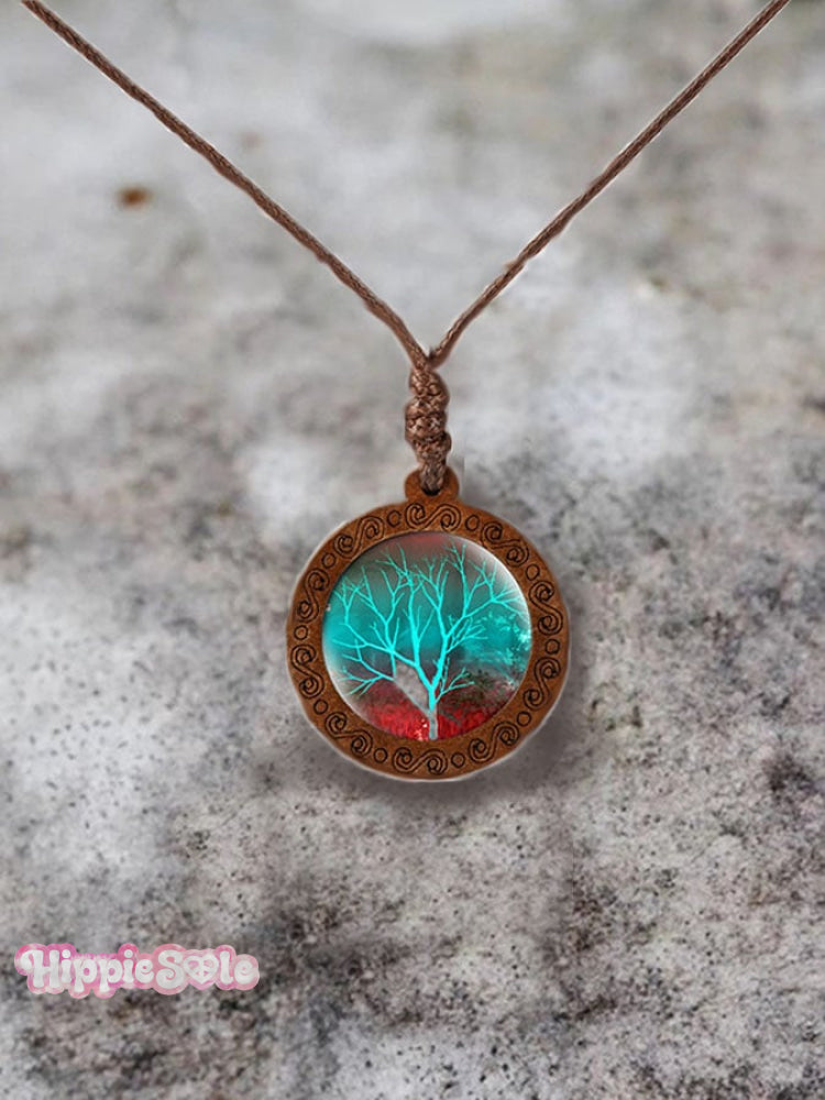 Wood Tree of Life Time Gemstone Glass Pendant Necklace