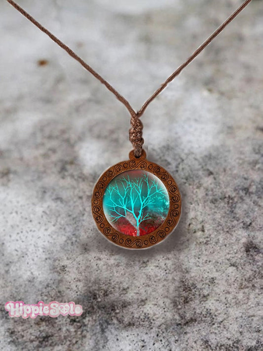 Wood Tree of Life Time Gemstone Glass Pendant Necklace