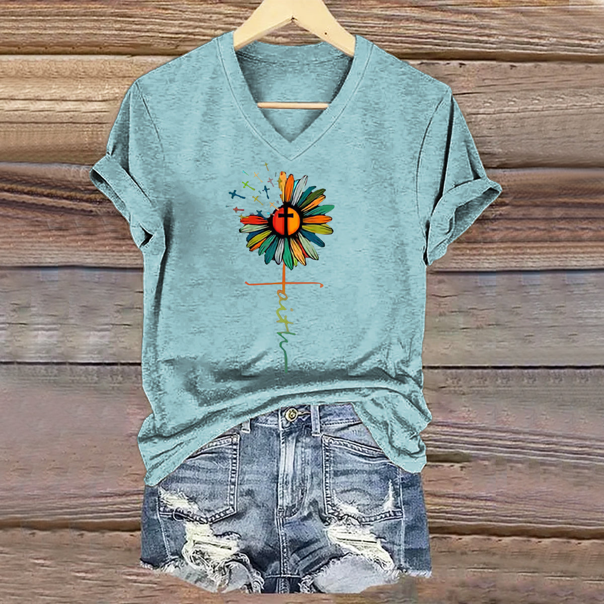Women's Hippie Floral Art Print V-neck Casual T-Shirt
