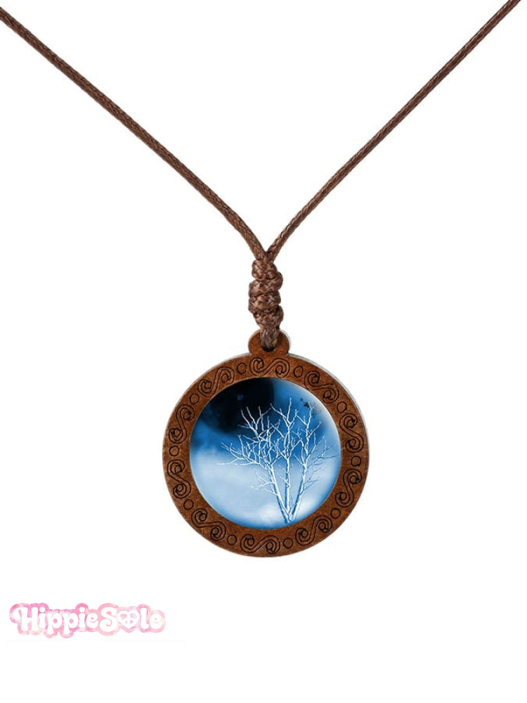 Wood Tree of Life Time Gemstone Glass Pendant Necklace