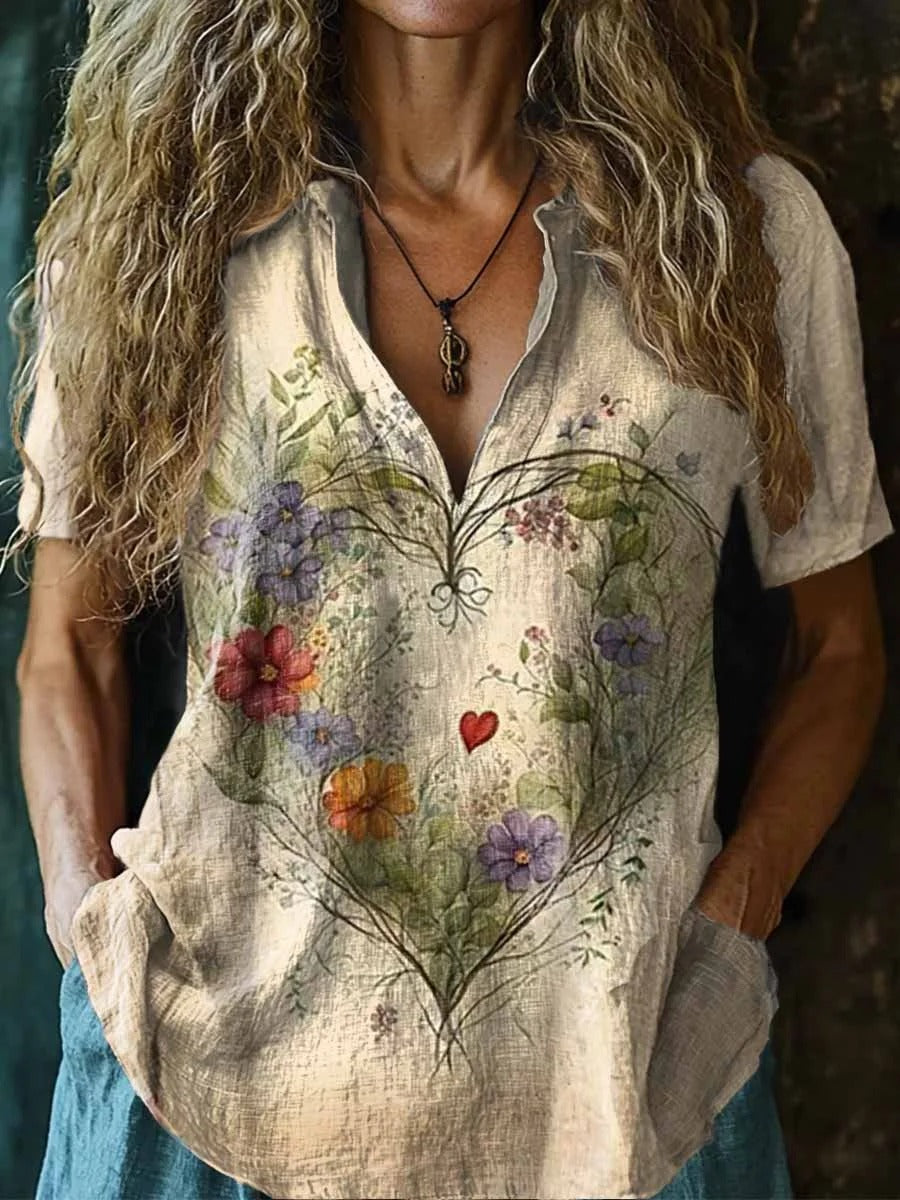 Women's Floral Heart Art V-Neck Casual T-Shirt