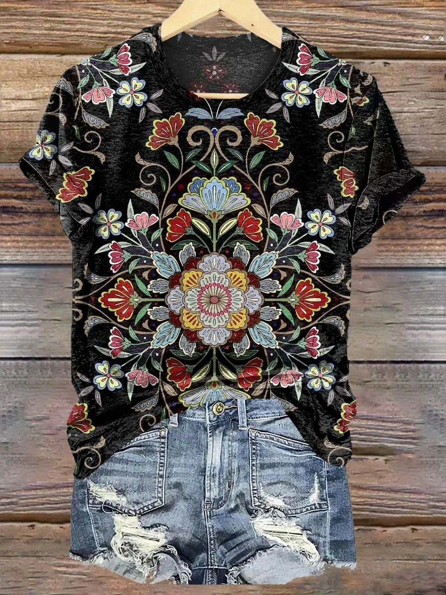 Women's Retro Ethnic Floral Totem Print V-neck Casual T-Shirt-1