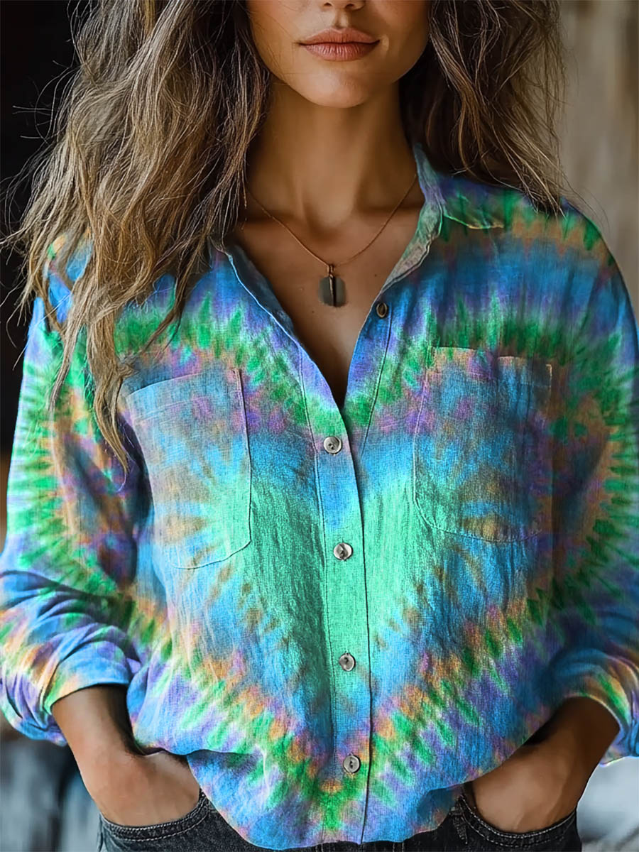 Women's Valentine's Day Colorful Heart Tie Dye Print Casual Long Sleeve Comfortable Cotton Shirt