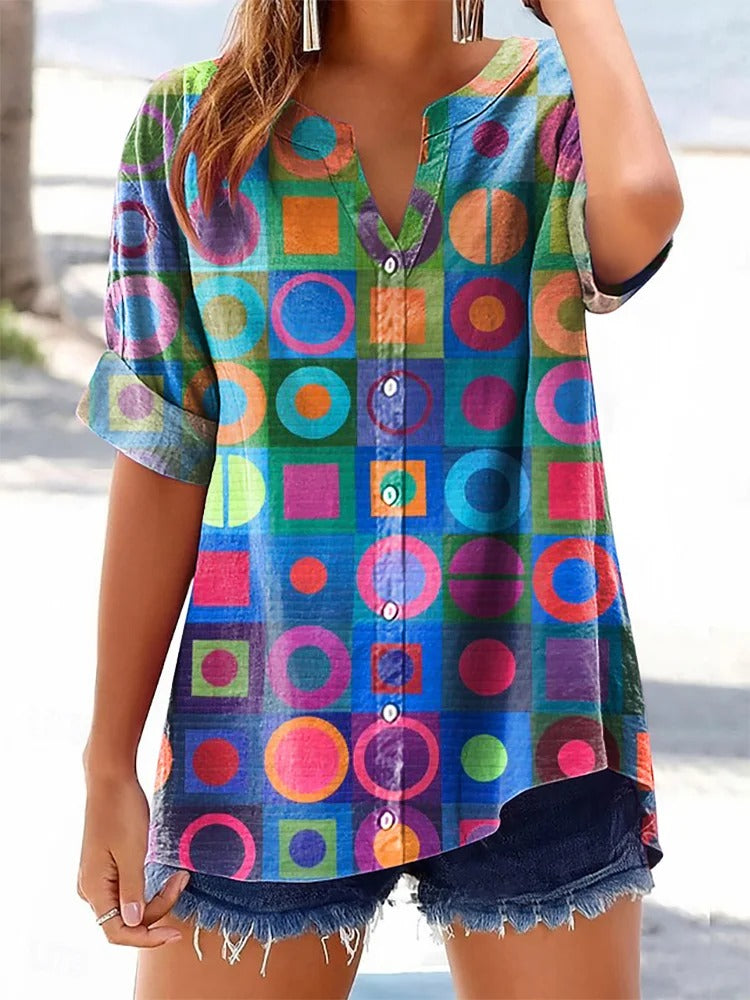 Women's Retro Abstraction Art Print Casual Cotton Linen Shirt