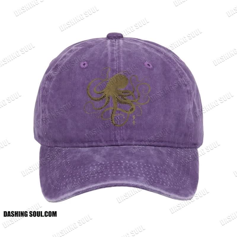 Unisex 100% Cotton Octopus Japanese Gold Print Tattoo Vintage Print Cap