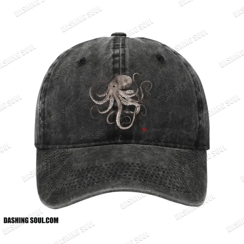 Unisex 100% Cotton Octopus Japanese Calligraphy Vintage Print Cap