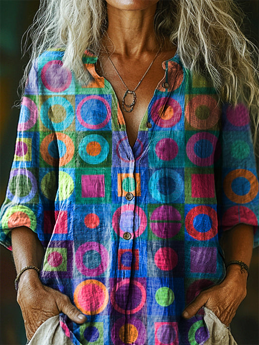Women's Retro Abstraction Art Print Casual Cotton Linen Shirt