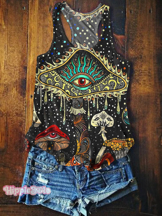 Women's Retro Hippie Tree Of Life Mushroom Print Tank Top