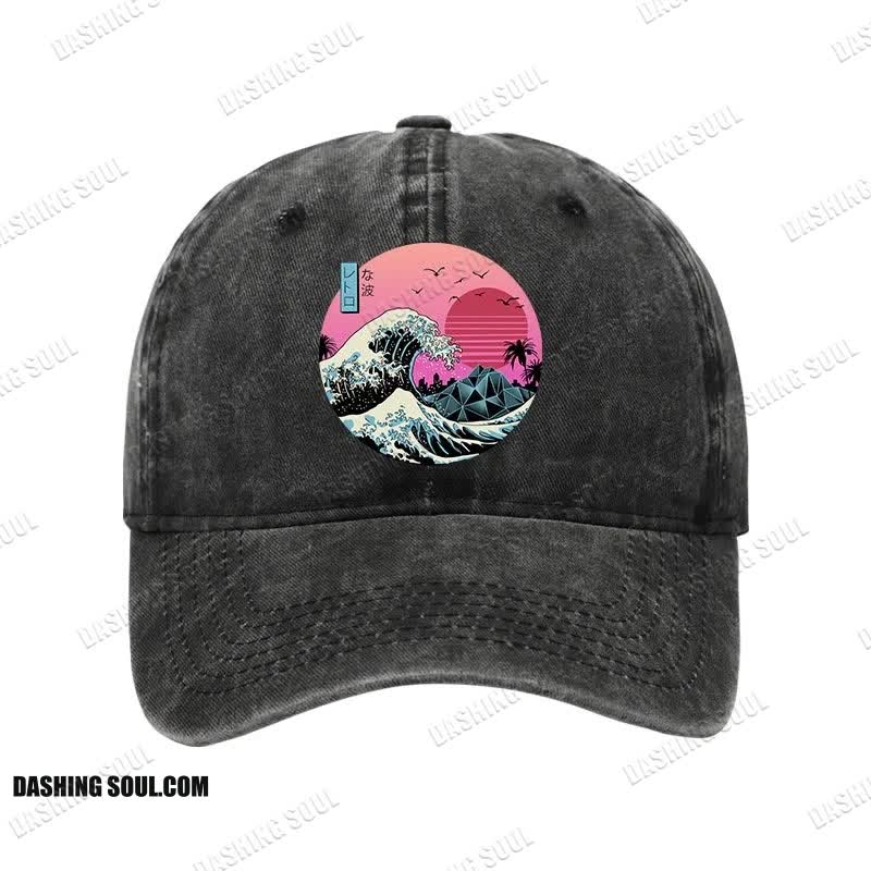 Unisex 100% Cotton Japanese The Great Retro Wave Vintage Print Cap