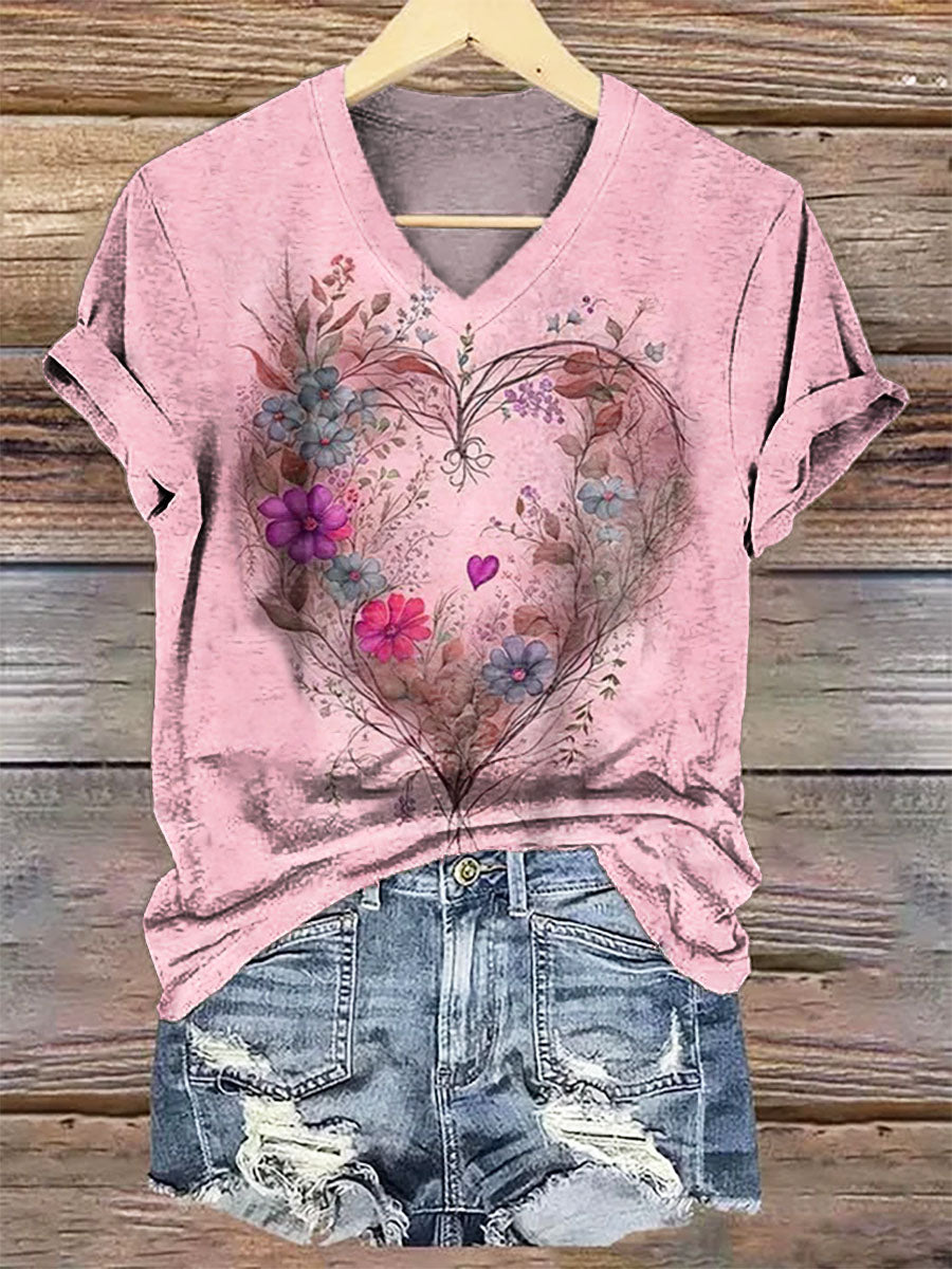 Women's Floral Heart Art V-Neck Casual T-Shirt