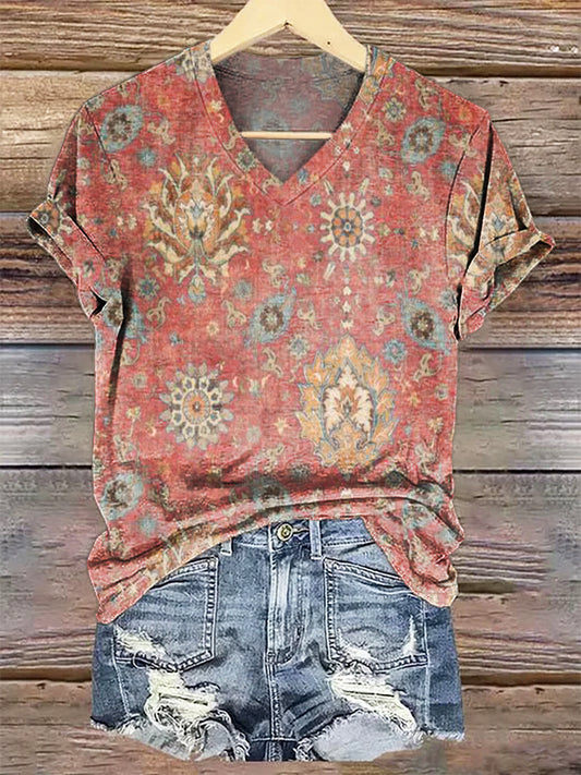 Women's Retro Ethnic Totem Pattern Print V-neck Casual T-Shirt