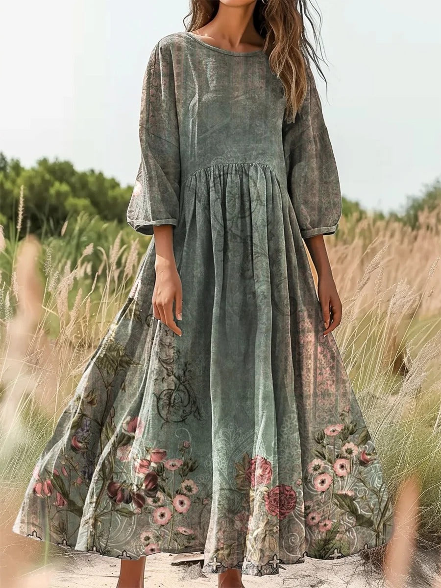 Women's Retro Ethnic Flowers Print V-neck Casual T-Shirt