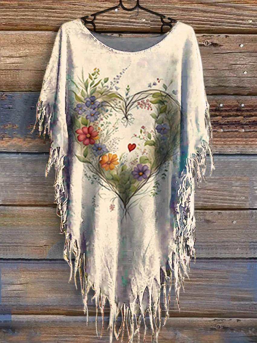 Women's Floral Heart Art V-Neck Casual T-Shirt