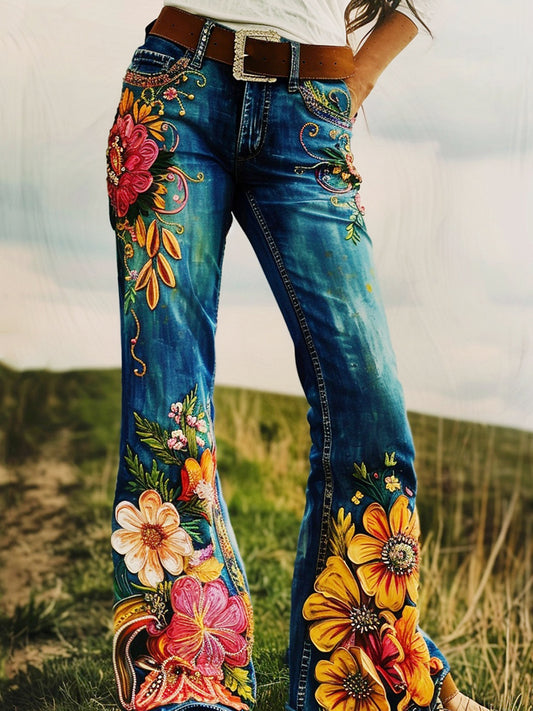 Vintage Artistic Floral Print Western Jeans