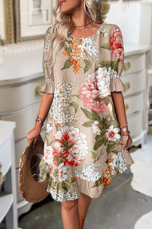 Elegant Floral Print Ruffle Hem Dress