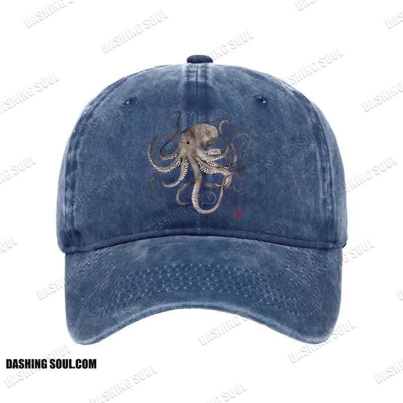 Unisex 100% Cotton Octopus Japanese Calligraphy Vintage Print Cap